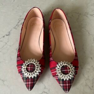 J Crew —tartan plaid flats with embellishment , size 8